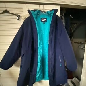 Lands' End Navy Blue Trench Coat with Teal Lining